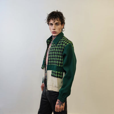 Houndstooth varsity jacket contrast stitching faux leather bomber grunge dogtooth utility coat premium retro aviator jacket in green