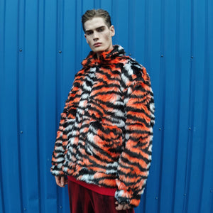 Tiger print faux fur jacket tie-dye fluffy bomber festival varsity raised neck fleece coat high fashion zebra stripe coat in orange white