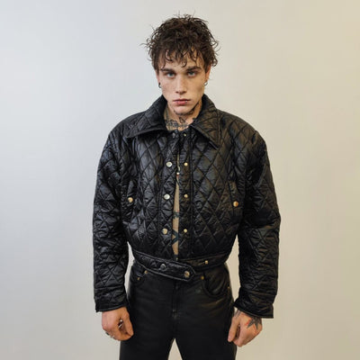 Cropped bomber jacket quilted short puffer grunge rocker coat textured aviator jacket utility gorpcore jacket in black