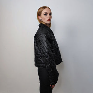 Cropped bomber jacket quilted short puffer grunge rocker coat textured aviator jacket utility gorpcore jacket in black