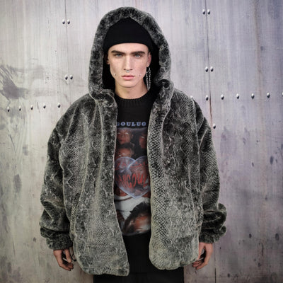 Luxury snake jacket faux fur python print bomber handmade fluffy catwalk fleece puffer premium grunge hooded coat in grey black