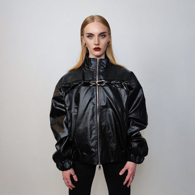 Faux leather utility jacket PU gorpcore chain bomber catwalk varsity cyberpunk bomber grunge party coat unisex premium rocker coat in black