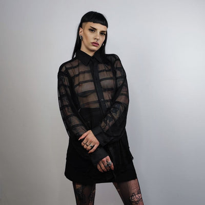 Baggy mesh shirt long sleeve transparent blouse see-through oversize gothic top sheer sweatshirt crotchet jumper in black