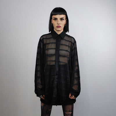 Baggy mesh shirt long sleeve transparent blouse see-through oversize gothic top sheer sweatshirt crotchet jumper in black