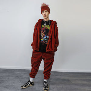 Faux fur joggers luxury fleece party pants handmade bear detachable trousers fluffy premium festival overalls in red black