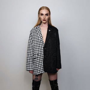 Colourblock blazer spliced party jacket houndstooth sparkly bomber grunge dogtooth Cruella De Vil coat premium catwalk jacket in white check