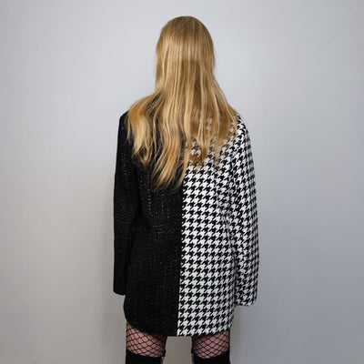 Colourblock blazer spliced party jacket houndstooth sparkly bomber grunge dogtooth Cruella De Vil coat premium catwalk jacket in white check