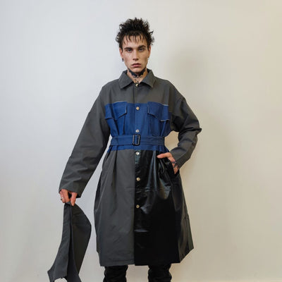 Denim patchwork trench jacket faux leather patching coat long grunge bomber reworked punk coat utility detachable hood catwalk jacket grey