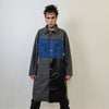 Denim patchwork trench jacket faux leather patching coat long grunge bomber reworked punk coat utility detachable hood catwalk jacket grey