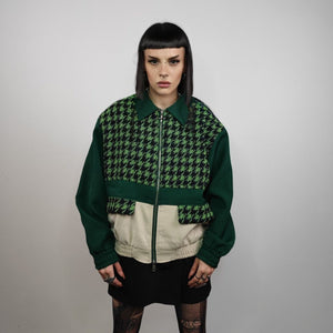 Houndstooth varsity jacket contrast stitching faux leather bomber grunge dogtooth utility coat premium retro aviator jacket in green