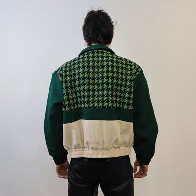 Houndstooth varsity jacket contrast stitching faux leather bomber grunge dogtooth utility coat premium retro aviator jacket in green