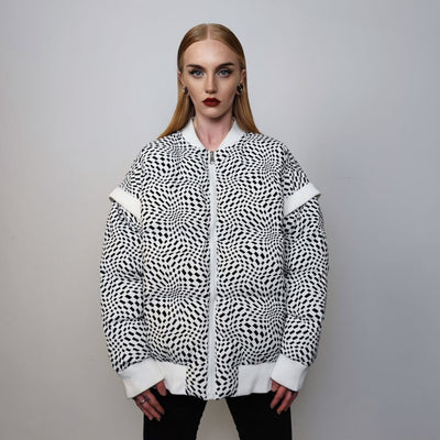 SKA check bomber jacket checkboard puffer psychedelic print coat grunge varsity utility coat racing pattern bomber in white black