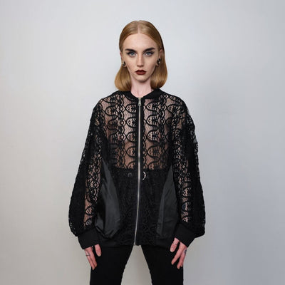 Transparent varsity jacket sheer bomber  see-through crotchet jacket gothic coat going out college bomber catwalk party mesh jacket in black