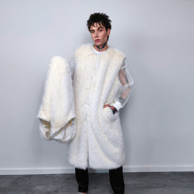 Long faux fur coat handmade longline fluffy luxury rave bomber premium party fleece jacket detachable sleeve going out trench in white cream