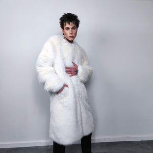 Long faux fur coat handmade longline fluffy luxury rave bomber premium party fleece jacket detachable sleeve going out trench in white cream