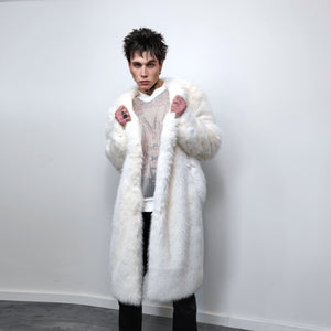 Long faux fur coat handmade longline fluffy luxury rave bomber premium party fleece jacket detachable sleeve going out trench in white cream