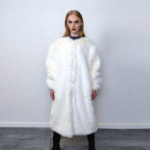 Long faux fur coat handmade longline fluffy luxury rave bomber premium party fleece jacket detachable sleeve going out trench in white cream