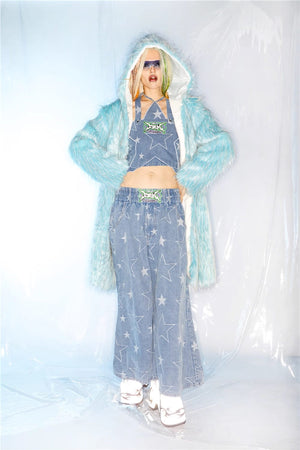 Festival shaggy faux fur longline jacket fluorescent raver bomber fluffy raver coat fleece party bomber neon burning man coat in ice blue