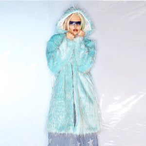 Festival shaggy faux fur longline jacket fluorescent raver bomber fluffy raver coat fleece party bomber neon burning man coat in ice blue