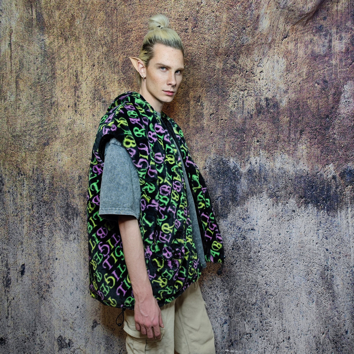 Detachable fleece jacket handmade fluorescent fluffy bomber faux fur rabbit slogan premium slogan coat in festival jacket neon green black