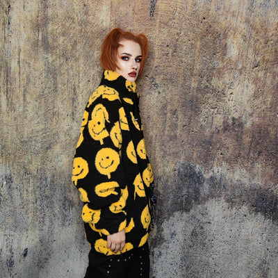 Emoji print fleece jacket fluffy smile bomber festival varsity raised neck cartoon track jacket grunge geometric coat in black yellow