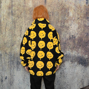 Emoji print fleece jacket fluffy smile bomber festival varsity raised neck cartoon track jacket grunge geometric coat in black yellow