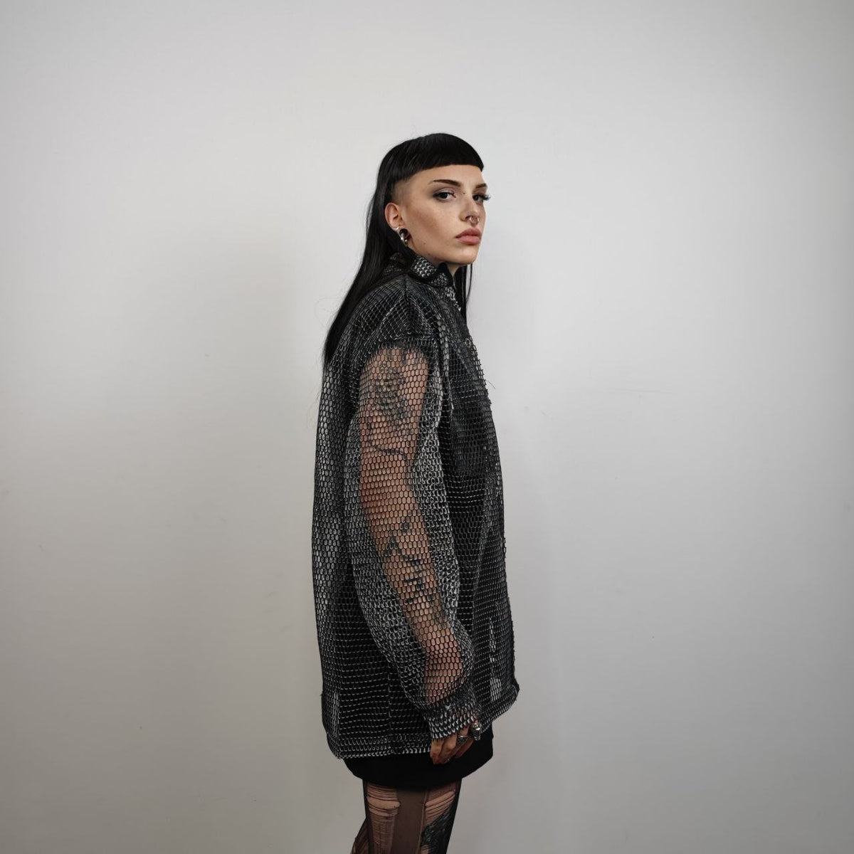 Mesh jacket See-through blazer long sleeve transparent shirt sheer party bomber clear festival coat in grey