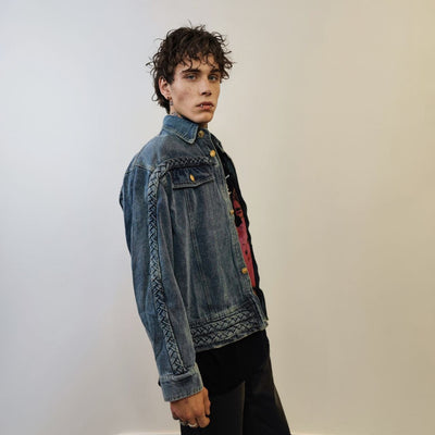 Catwalk denim jacket reworked pattern jean varsity distressed going out bomber grunge bleached coat utility blazer motorcycle jacket in blue