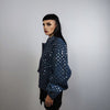 Sequin embellished denim jacket shiny jean bomber glam rocker coat grunge catwalk varsity  going out blazer in dark blue