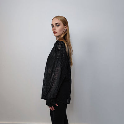 See-through shirt long sleeve transparent blouse sheer party top curved button up transparent festival mesh top in black