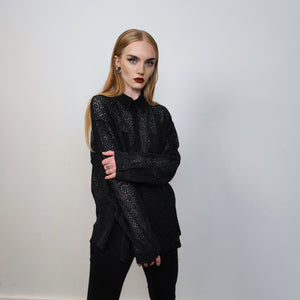 See-through shirt long sleeve transparent blouse sheer party top curved button up transparent festival mesh top in black