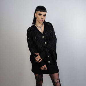 Mesh cardigan transparent sweater distressed knitted jumper textured see-through grunge top punk sweatshirt in black