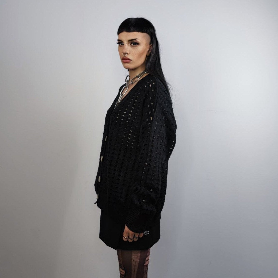 Mesh cardigan transparent sweater distressed knitted jumper textured see-through grunge top punk sweatshirt in black
