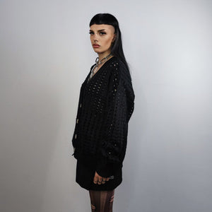 Mesh cardigan transparent sweater distressed knitted jumper textured see-through grunge top punk sweatshirt in black