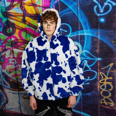 Cow print fleece jacket handmade detachable fluorescent fluffy bomber faux fur animal print  coat in 2 in 1 festival jacket in blue white