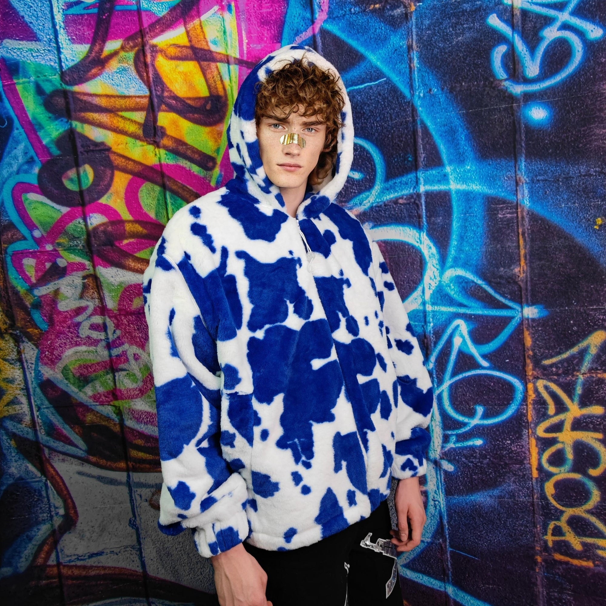 Cow print fleece jacket handmade detachable fluorescent fluffy bomber faux fur animal print  coat in 2 in 1 festival jacket in blue white