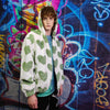 Heart print fleece jacket handmade detachable fluorescent fluffy geometric bomber faux fur love coat in 2 in 1 festival jacket green white