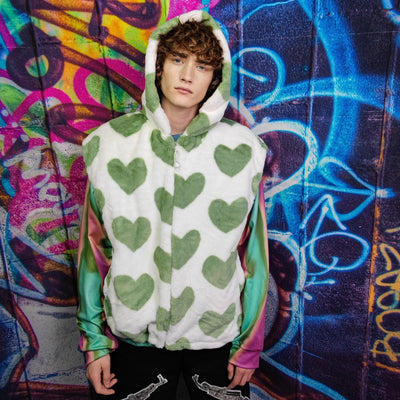 Heart print fleece jacket handmade detachable fluorescent fluffy geometric bomber faux fur love coat in 2 in 1 festival jacket green white