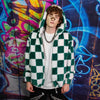 Big check fleece jacket handmade detachable neon fluffy geometric bomber faux fur chequerboard coat in 2 in 1 festival jacket green white