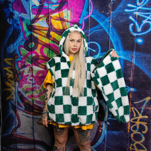 Big check fleece jacket handmade detachable neon fluffy geometric bomber faux fur chequerboard coat in 2 in 1 festival jacket green white