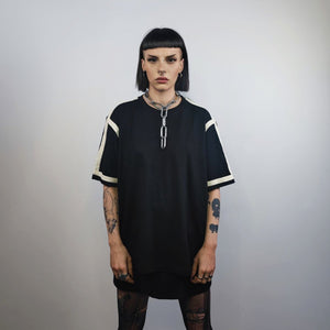 Spliced top side cut embroidered t-shirt catwalk grunge tee rocker top edgy punk baggy tee in black