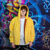 Check fleece jacket handmade detachable neon fluffy geometric bomber faux fur chequerboard coat 2 in 1 festival jacket yellow white