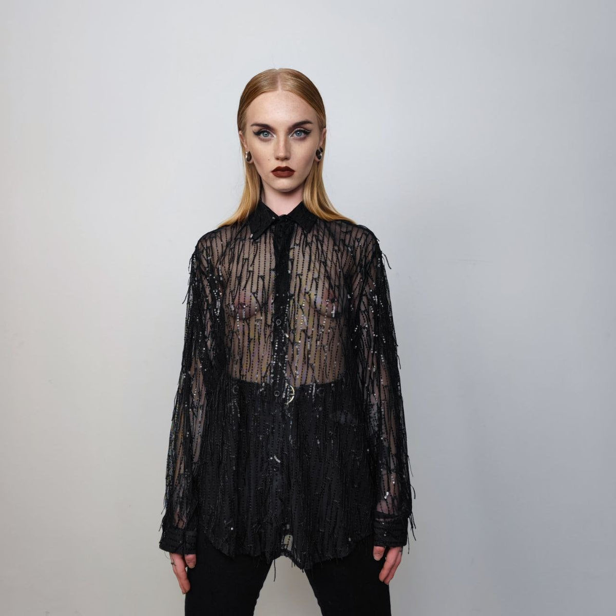 Transparent mesh shirt long sleeve tassels sheer blouse grunge catwalk jumper party see-through top curved button up festival top in black