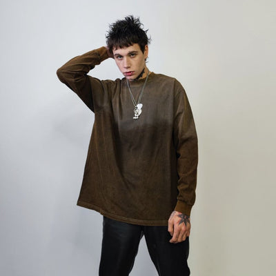 Tie-dye sweatshirt vintage wash top thin gradient long sleeve tee premium quality acid wash punk t-shirt in black and brown