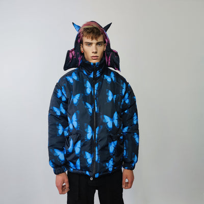 Butterfly bomber handmade reversible graffiti puffer devil horn jacket detachable festival coat two sided hooded neon jacket in pink blue