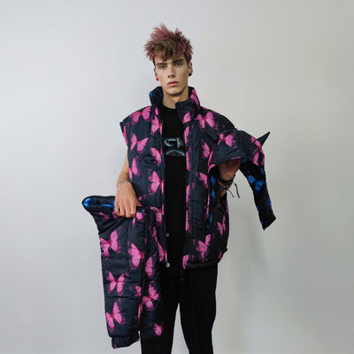 Butterfly bomber handmade reversible graffiti puffer devil horn jacket detachable festival coat two sided hooded neon jacket in pink blue