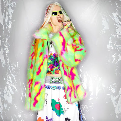 Festival shaggy faux fur jacket fluorescent raver bomber fluffy raver coat fleece premium party bomber neon burning man coat in green