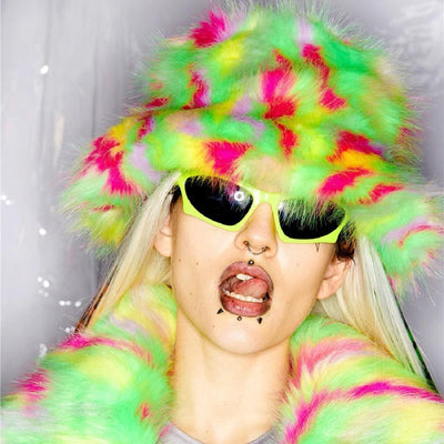 Festival shaggy faux fur jacket fluorescent raver bomber fluffy raver coat fleece premium party bomber neon burning man coat in green