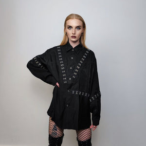 Metal chain shirt embellished long sleeve catwalk blouse high fashion grunge top going out dress party jumper in black