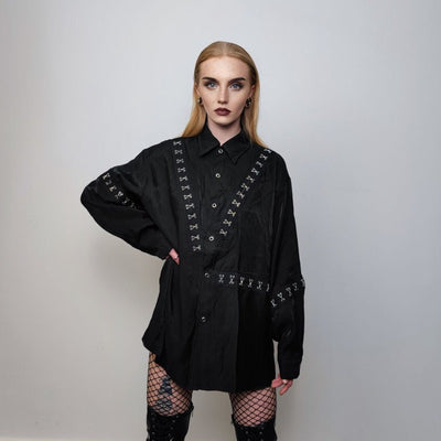 Metal chain shirt embellished long sleeve catwalk blouse high fashion grunge top going out dress party jumper in black